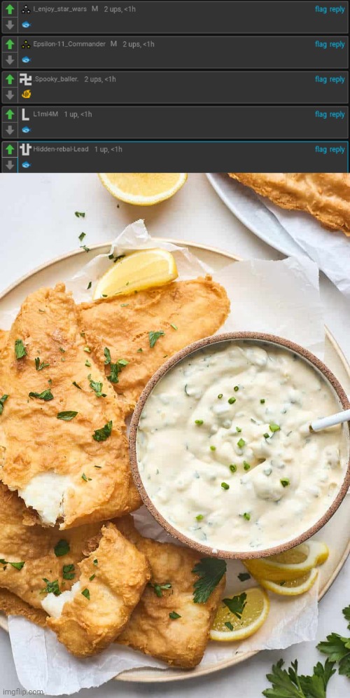 Fried fish with tartar sauce | image tagged in fried fish,tartar sauce,fish,memes | made w/ Imgflip meme maker