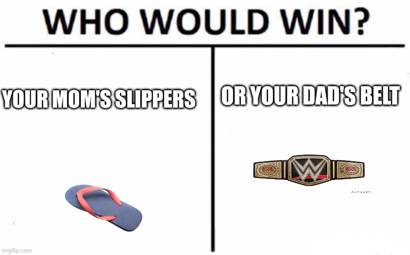 Who Would Win? Meme | OR YOUR DAD'S BELT; YOUR MOM'S SLIPPERS | image tagged in memes,who would win,do you are have stupid,if you read this tag you are cursed | made w/ Imgflip meme maker