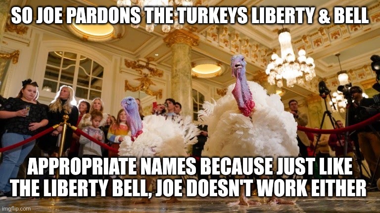 SO JOE PARDONS THE TURKEYS LIBERTY & BELL; APPROPRIATE NAMES BECAUSE JUST LIKE THE LIBERTY BELL, JOE DOESN'T WORK EITHER | made w/ Imgflip meme maker