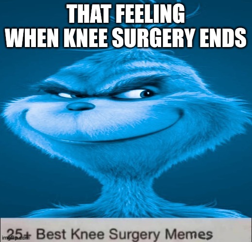 Blue Grinch Knee Surgery template | THAT FEELING WHEN KNEE SURGERY ENDS | image tagged in blue grinch knee surgery template | made w/ Imgflip meme maker