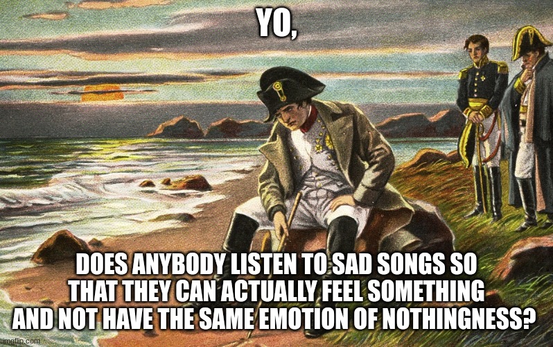 yo | YO, DOES ANYBODY LISTEN TO SAD SONGS SO THAT THEY CAN ACTUALLY FEEL SOMETHING AND NOT HAVE THE SAME EMOTION OF NOTHINGNESS? | image tagged in napoleon,when you,when your sad you understand the lyrics | made w/ Imgflip meme maker