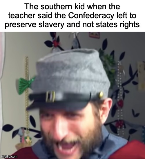 History Memes are Kinda Back | The southern kid when the teacher said the Confederacy left to preserve slavery and not states rights | image tagged in scared confederate soldier,history,civil war,joke | made w/ Imgflip meme maker