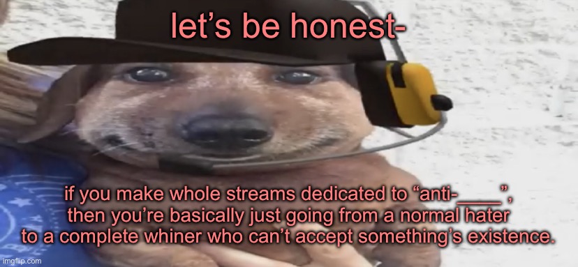 like, i hate things too but you don’t see me making an “Anti Taylor Swift Music” stream | let’s be honest-; if you make whole streams dedicated to “anti-____”, then you’re basically just going from a normal hater to a complete whiner who can’t accept something’s existence. | image tagged in chucklenuts | made w/ Imgflip meme maker