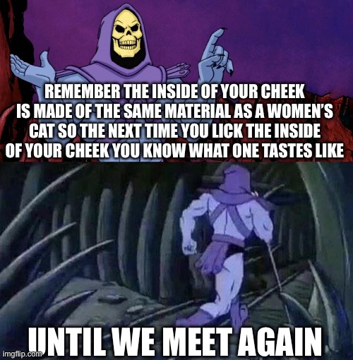 Nyeh 3 | REMEMBER THE INSIDE OF YOUR CHEEK IS MADE OF THE SAME MATERIAL AS A WOMEN’S CAT SO THE NEXT TIME YOU LICK THE INSIDE OF YOUR CHEEK YOU KNOW WHAT ONE TASTES LIKE; UNTIL WE MEET AGAIN | image tagged in he man skeleton advices,until we meet again,skeletor until we meet again | made w/ Imgflip meme maker