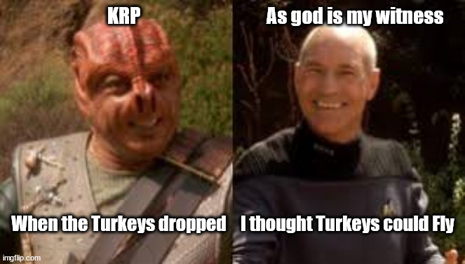 Tanagra at WKRP | KRP                                  As god is my witness; When the Turkeys dropped    I thought Turkeys could Fly | image tagged in star trek the next generation,wkrp in cincinnati,turkey drop,thanksgiving | made w/ Imgflip meme maker
