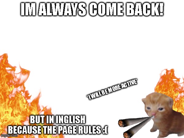 Im Back But In Inglish LOL | IM ALWAYS COME BACK! *I WILL BE MORE ACTIVE*; BUT IN INGLISH BECAUSE THE PAGE RULES :( | image tagged in fun,return | made w/ Imgflip meme maker
