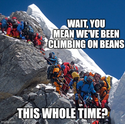Mount Everest crowded | WAIT, YOU MEAN WE'VE BEEN CLIMBING ON BEANS THIS WHOLE TIME? | image tagged in mount everest crowded | made w/ Imgflip meme maker