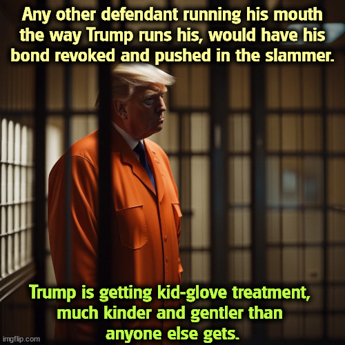 Any other defendant running his mouth
 the way Trump runs his, would have his 
bond revoked and pushed in the slammer. Trump is getting kid-glove treatment, 
much kinder and gentler than 
anyone else gets. | image tagged in trump,gag,mouth,jail,prison | made w/ Imgflip meme maker