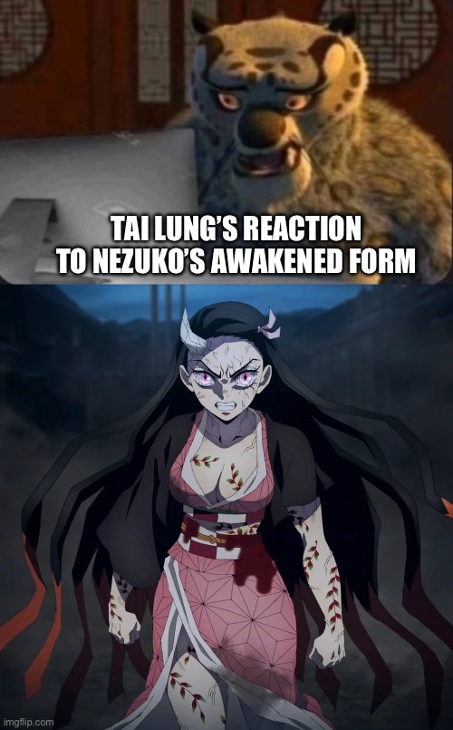 Tai Lung’s reaction to Nezuko’s Awakened Form | TAI LUNG’S REACTION TO NEZUKO’S AWAKENED FORM | image tagged in kung fu panda why | made w/ Imgflip meme maker