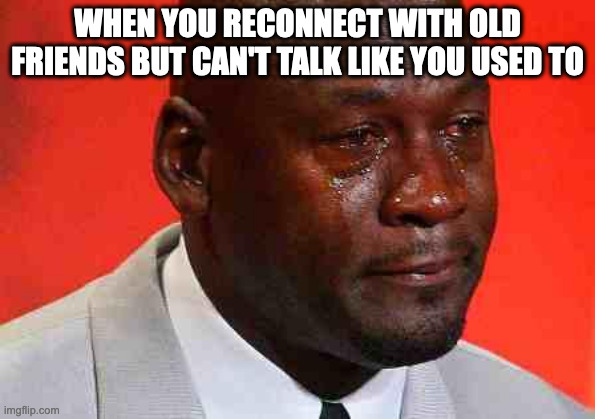 Used to talk for hours on end, now hardly five minutes... | WHEN YOU RECONNECT WITH OLD FRIENDS BUT CAN'T TALK LIKE YOU USED TO | image tagged in crying michael jordan | made w/ Imgflip meme maker