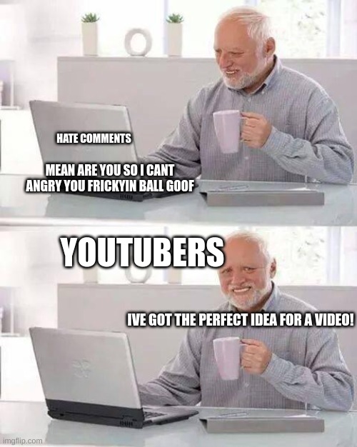 real sht tho | HATE COMMENTS; MEAN ARE YOU SO I CANT ANGRY YOU FRICKYIN BALL GOOF; YOUTUBERS; IVE GOT THE PERFECT IDEA FOR A VIDEO! | image tagged in memes,hide the pain harold | made w/ Imgflip meme maker