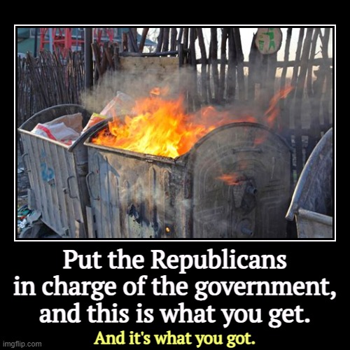 Put the Republicans in charge of the government, and this is what you get. | And it's what you got. | image tagged in funny,demotivationals,republicans,dumpster fire,forever | made w/ Imgflip demotivational maker
