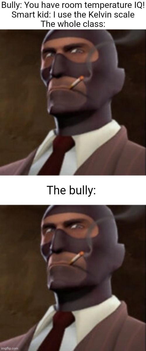 Bully: You have room temperature IQ!
Smart kid: I use the Kelvin scale
The whole class:; The bully: | image tagged in spy portrait | made w/ Imgflip meme maker