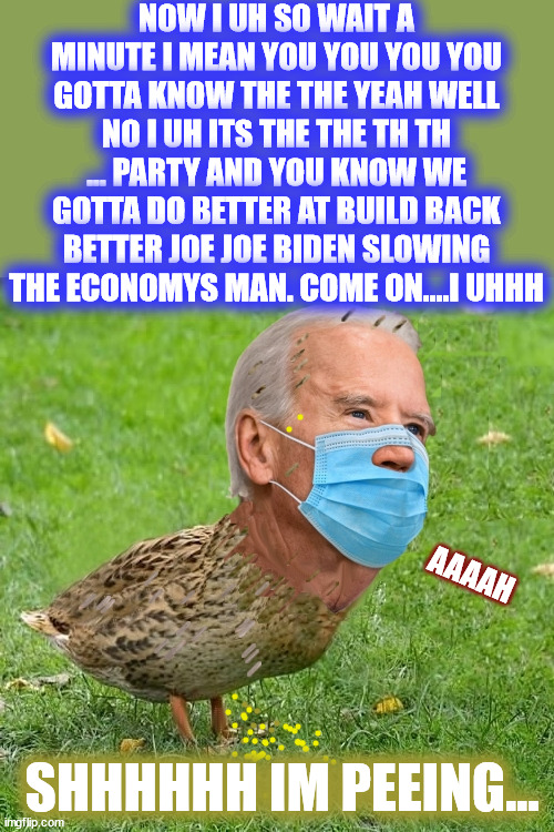 Another Great Biden Speech | NOW I UH SO WAIT A MINUTE I MEAN YOU YOU YOU YOU GOTTA KNOW THE THE YEAH WELL NO I UH ITS THE THE TH TH ... PARTY AND YOU KNOW WE GOTTA DO BETTER AT BUILD BACK BETTER JOE JOE BIDEN SLOWING THE ECONOMYS MAN. COME ON....I UHHH; AAAAH; SHHHHHH IM PEEING... | image tagged in joe bidenduck,better let it go moddies,mac the rippa,mtr602,natty are u ok | made w/ Imgflip meme maker