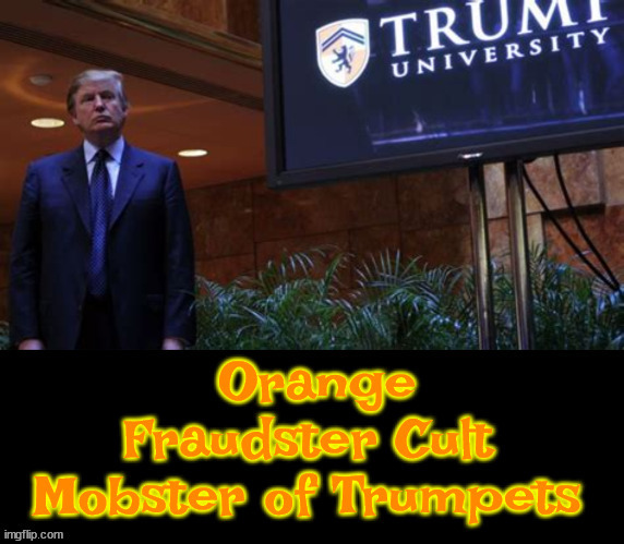 Orange Fraudster Cult Mobster of Trumpets | image tagged in donald trump,scammer,convicted,maga,trump univesity,felon | made w/ Imgflip meme maker