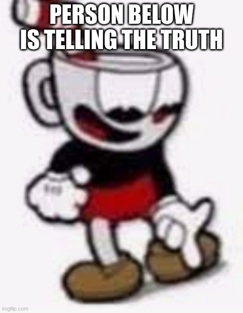 cuphead pointing down | PERSON BELOW IS TELLING THE TRUTH | image tagged in cuphead pointing down | made w/ Imgflip meme maker