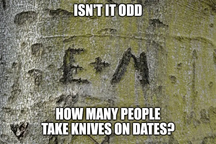 Initials carved in tree | ISN'T IT ODD; HOW MANY PEOPLE TAKE KNIVES ON DATES? | image tagged in initials carved in tree | made w/ Imgflip meme maker