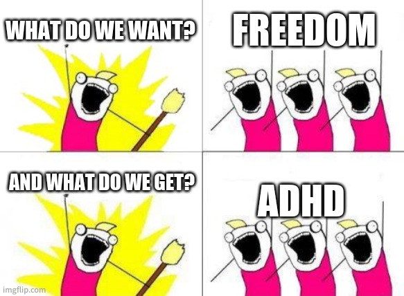 What Do We Want | WHAT DO WE WANT? FREEDOM; AND WHAT DO WE GET? ADHD | image tagged in memes,what do we want | made w/ Imgflip meme maker