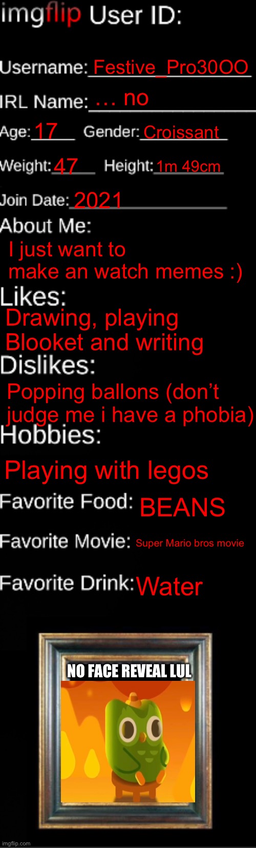 My Imgflip id card | Festive_Pro30OO; … no; 17; Croissant; 47; 1m 49cm; 2021; I just want to make an watch memes :); Drawing, playing Blooket and writing; Popping ballons (don’t judge me i have a phobia); Playing with legos; BEANS; Super Mario bros movie; Water; NO FACE REVEAL LUL | image tagged in imgflip id card | made w/ Imgflip meme maker