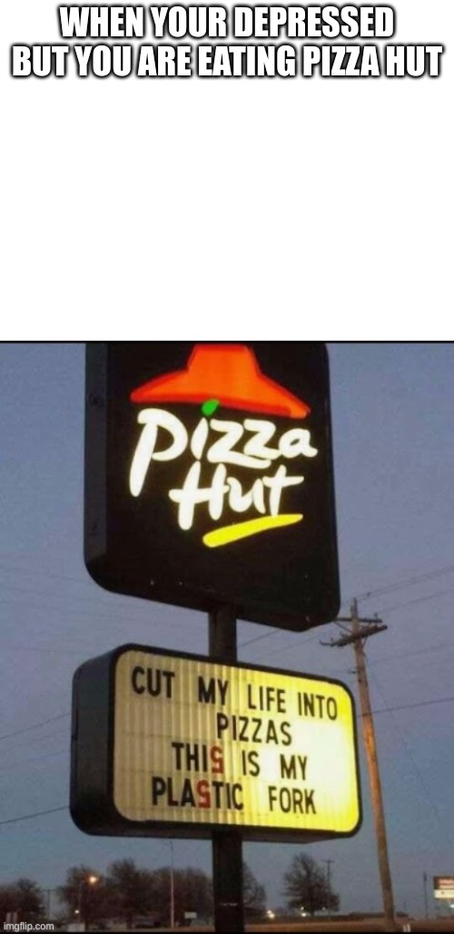 Pizza deppresion | WHEN YOUR DEPRESSED BUT YOU ARE EATING PIZZA HUT | image tagged in btw i found this on this page so idk the original,but i do give credit whoever it was and the text is my idea,or the meme idea | made w/ Imgflip meme maker