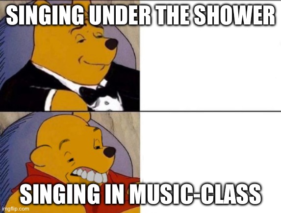 Music in school | SINGING UNDER THE SHOWER; SINGING IN MUSIC-CLASS | image tagged in classy and dumb pooh,music,school,lesson,singing | made w/ Imgflip meme maker