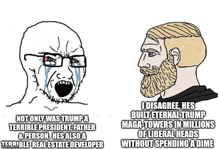 Soyboy Vs Yes Chad | I DISAGREE, HES BUILT ETERNAL TRUMP MAGA-TOWERS IN MILLIONS OF LIBERAL HEADS WITHOUT SPENDING A DIME; NOT ONLY WAS TRUMP A TERRIBLE PRESIDENT, FATHER & PERSON,  HES ALSO A TERRIBLE  REAL ESTATE DEVELOPER | image tagged in soyboy vs yes chad | made w/ Imgflip meme maker