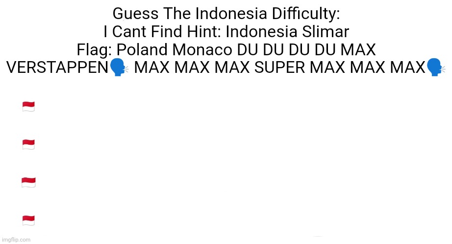 Guess The Indonesia? | Guess The Indonesia Difficulty: I Cant Find Hint: Indonesia Slimar Flag: Poland Monaco DU DU DU DU MAX VERSTAPPEN🗣️ MAX MAX MAX SUPER MAX MAX MAX🗣️ | made w/ Imgflip meme maker