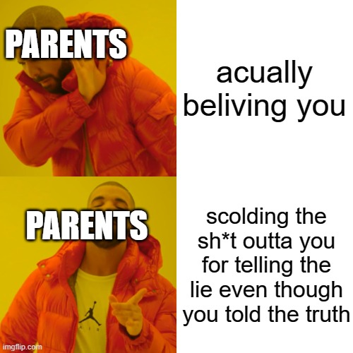 acually beliving you scolding the sh*t outta you for telling the lie even though you told the truth PARENTS PARENTS | image tagged in memes,drake hotline bling | made w/ Imgflip meme maker
