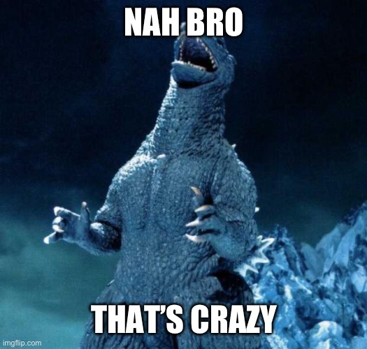 Laughing Godzilla | NAH BRO THAT’S CRAZY | image tagged in laughing godzilla | made w/ Imgflip meme maker