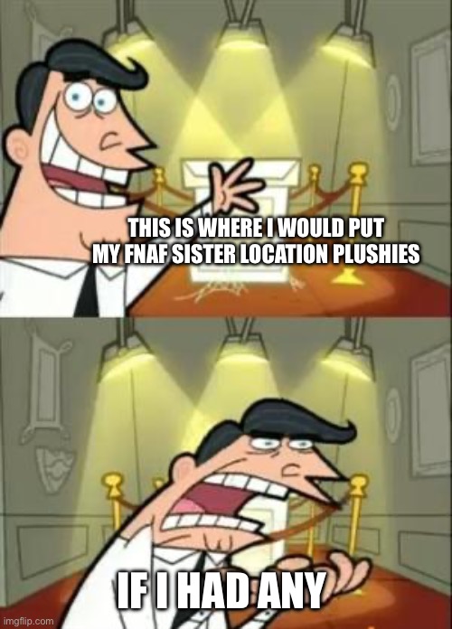 I need a Funtime Freddy one | THIS IS WHERE I WOULD PUT MY FNAF SISTER LOCATION PLUSHIES; IF I HAD ANY | image tagged in memes,this is where i'd put my trophy if i had one | made w/ Imgflip meme maker