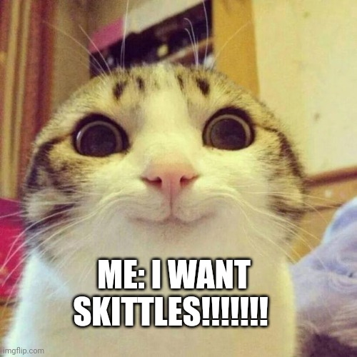 Ad: Skittles taste the rainbow | ME: I WANT SKITTLES!!!!!!! | image tagged in memes,smiling cat | made w/ Imgflip meme maker