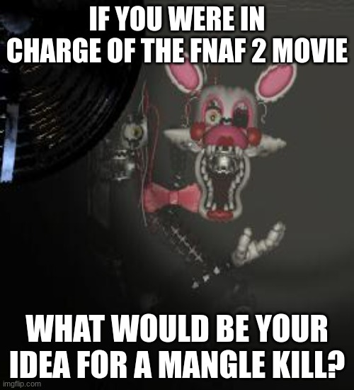 Don't say bite of 87, please be creative. | IF YOU WERE IN CHARGE OF THE FNAF 2 MOVIE; WHAT WOULD BE YOUR IDEA FOR A MANGLE KILL? | image tagged in mangle,fnaf | made w/ Imgflip meme maker