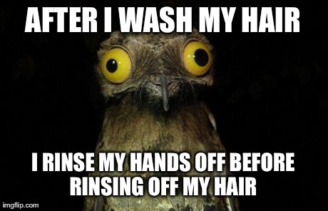 Weird Stuff I Do Potoo Meme | AFTER I WASH MY HAIR I RINSE MY HANDS OFF BEFORE RINSING OFF MY HAIR | image tagged in memes,weird stuff i do potoo,AdviceAnimals | made w/ Imgflip meme maker