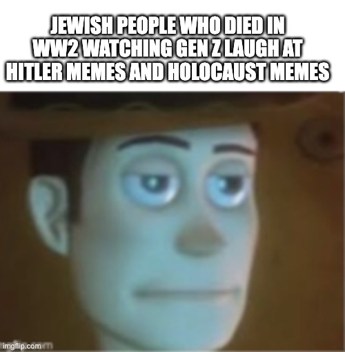 They must be so disappointed in us right now | JEWISH PEOPLE WHO DIED IN WW2 WATCHING GEN Z LAUGH AT HITLER MEMES AND HOLOCAUST MEMES | image tagged in woody dissappinted stare | made w/ Imgflip meme maker