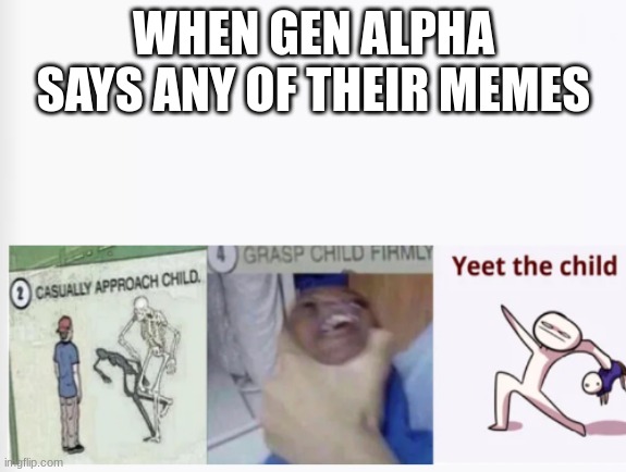 Casually Approach Child, Grasp Child Firmly, Yeet the Child | WHEN GEN ALPHA SAYS ANY OF THEIR MEMES | image tagged in casually approach child grasp child firmly yeet the child | made w/ Imgflip meme maker