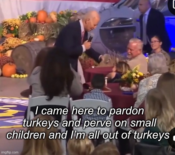 “Are you 17?” | I came here to pardon turkeys and perve on small children and I’m all out of turkeys | image tagged in politics lol,memes,joe biden,pervert | made w/ Imgflip meme maker