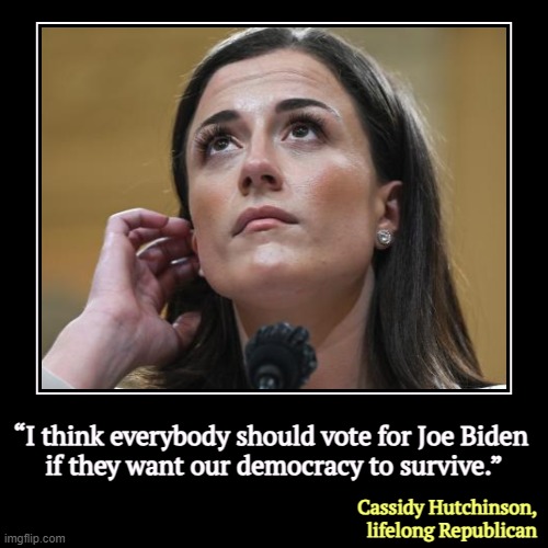 More and more Republicans. | “I think everybody should vote for Joe Biden 
if they want our democracy to survive.” | Cassidy Hutchinson,
lifelong Republican | image tagged in funny,demotivationals,cassidy hutchinson,joe biden,democracy,donald trump | made w/ Imgflip demotivational maker