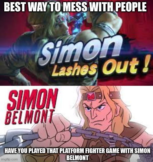 Hahahaha | BEST WAY TO MESS WITH PEOPLE; HAVE YOU PLAYED THAT PLATFORM FIGHTER GAME WITH SIMON 
BELMONT | image tagged in super smash bros,brawl | made w/ Imgflip meme maker