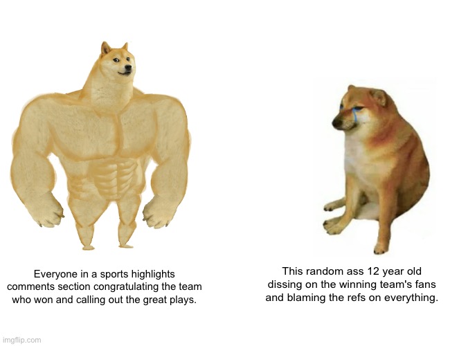 Buff Doge vs. Cheems | This random ass 12 year old dissing on the winning team's fans and blaming the refs on everything. Everyone in a sports highlights comments section congratulating the team who won and calling out the great plays. | image tagged in memes,buff doge vs cheems | made w/ Imgflip meme maker