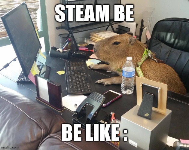 Gamer capibara | STEAM BE BE LIKE : | image tagged in gamer capibara | made w/ Imgflip meme maker