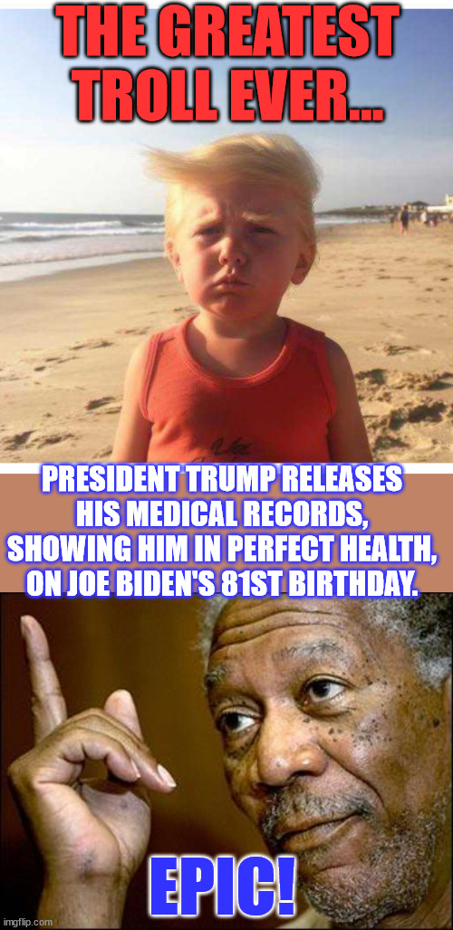 Content... delivery... timing... Awesome | THE GREATEST TROLL EVER... PRESIDENT TRUMP RELEASES HIS MEDICAL RECORDS, SHOWING HIM IN PERFECT HEALTH, ON JOE BIDEN'S 81ST BIRTHDAY. EPIC! | image tagged in this morgan freeman,president trump,the best | made w/ Imgflip meme maker