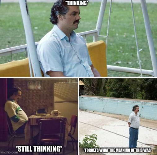 I forgetted too | *THINKING*; *STILL THINKING*; *FORGETS WHAT THE MEANING OF THIS WAS* | image tagged in memes,sad pablo escobar | made w/ Imgflip meme maker