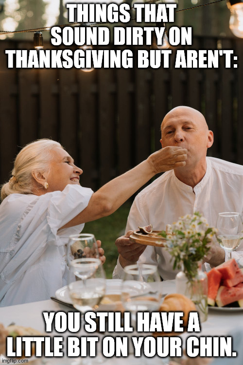 Things That Sound Dirty on Thanksgiving (Part 9) | THINGS THAT SOUND DIRTY ON THANKSGIVING BUT AREN'T:; YOU STILL HAVE A LITTLE BIT ON YOUR CHIN. | image tagged in date night,humor,funny,fun,double entendre | made w/ Imgflip meme maker