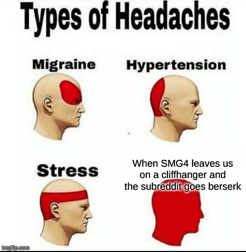 This is why I don't use the SMG4 Reddit often | When SMG4 leaves us on a cliffhanger and the subreddit goes berserk | image tagged in types of headaches meme | made w/ Imgflip meme maker