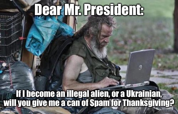 Homeless_PC | Dear Mr. President: If I become an illegal alien, or a Ukrainian, will you give me a can of Spam for Thanksgiving? | image tagged in homeless_pc | made w/ Imgflip meme maker