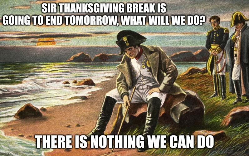 Napoleon | SIR THANKSGIVING BREAK IS GOING TO END TOMORROW, WHAT WILL WE DO? THERE IS NOTHING WE CAN DO | image tagged in napoleon | made w/ Imgflip meme maker