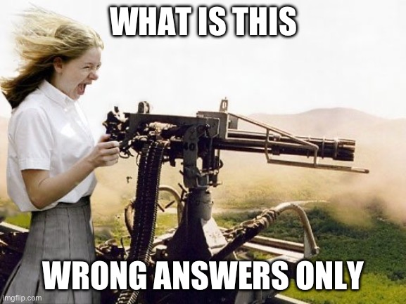 Machine Gun Girl | WHAT IS THIS; WRONG ANSWERS ONLY | image tagged in machine gun girl | made w/ Imgflip meme maker