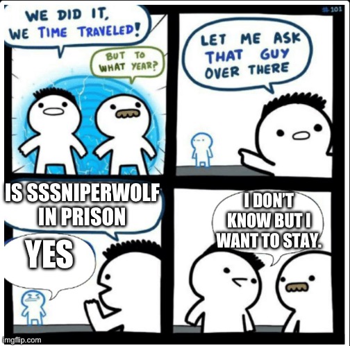 Time travel | IS SSSNIPERWOLF IN PRISON; I DON’T KNOW BUT I WANT TO STAY. YES | image tagged in time travel | made w/ Imgflip meme maker
