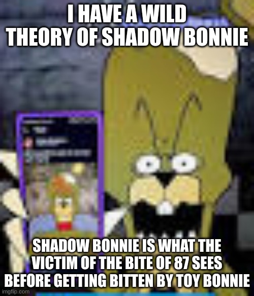 the funni | I HAVE A WILD THEORY OF SHADOW BONNIE; SHADOW BONNIE IS WHAT THE VICTIM OF THE BITE OF 87 SEES BEFORE GETTING BITTEN BY TOY BONNIE | image tagged in the funni | made w/ Imgflip meme maker