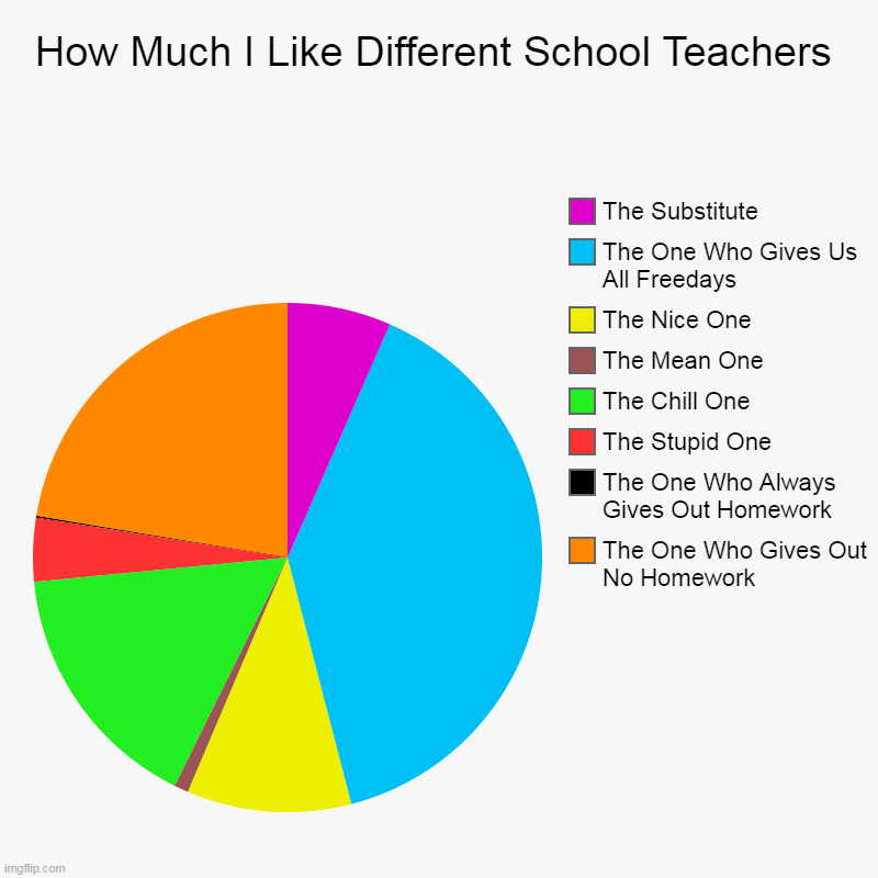 How Much I Like Different School Teachers | The One Who Gives Out No Homework, The One Who Always Gives Out Homework, The Stupid One, The Ch | image tagged in charts,pie charts,teachers,homework,chart,opinion | made w/ Imgflip chart maker